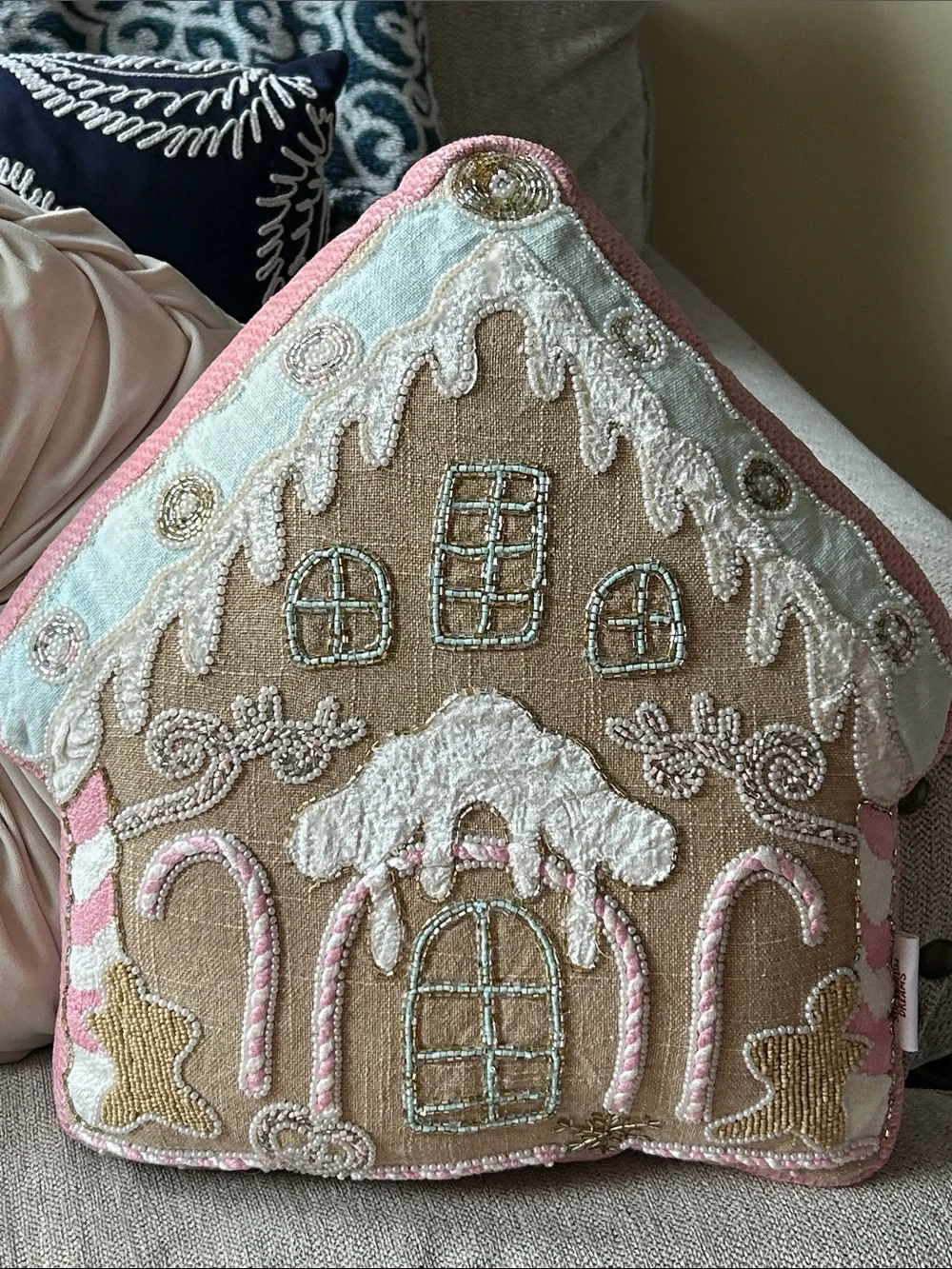NEW! Christmas Holiday Pink Candy Shoppe Gingerbread House Beaded Throw Pillow